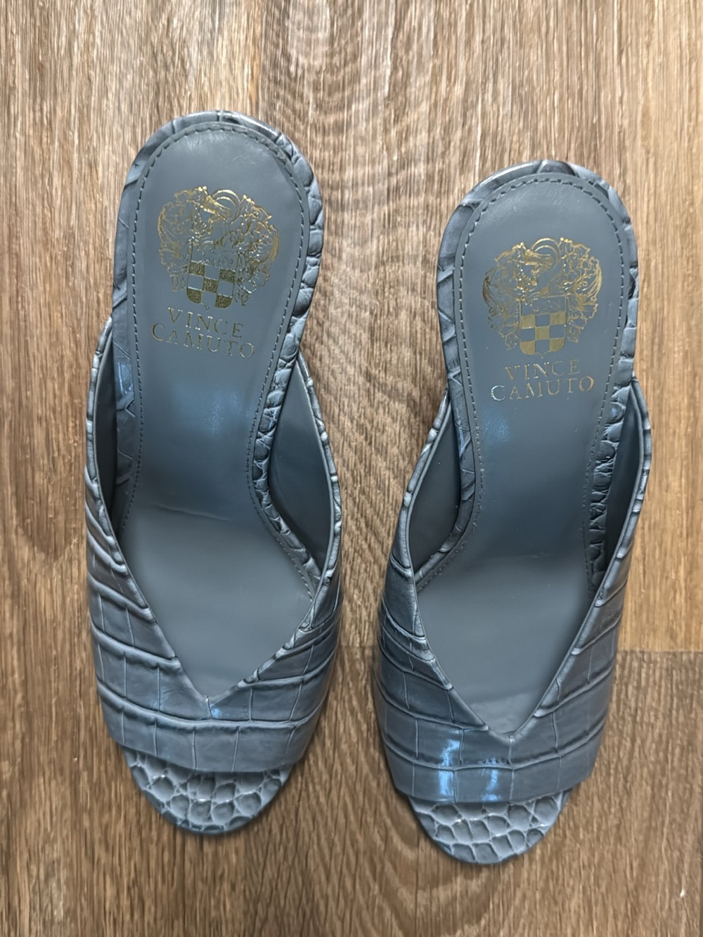 Vince Camuto Slate Gray Croc-Embossed Slip-On Mules